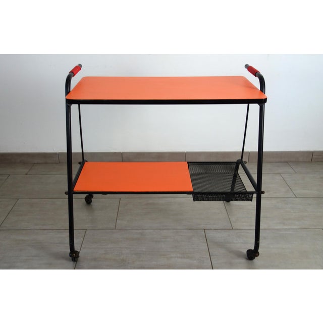 Mid-Century Modern Vintage Orange Perforated Metal Serving Cart, 1950s For Sale - Image 3 of 13