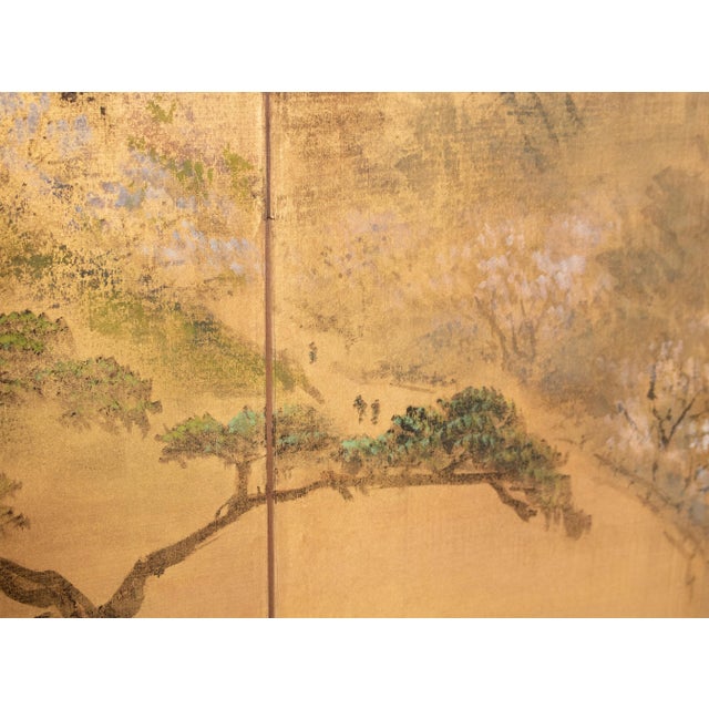 1950s Showa Era Japanese Painted Byobu Screen "Landscape With Temple" For Sale - Image 9 of 17