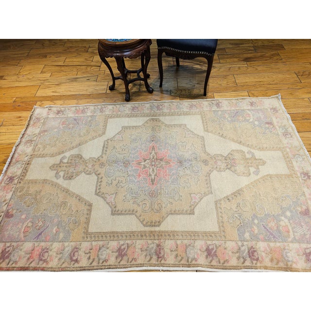 Textile Vintage Turkish Oushak Area Rug, Hand Knotted Wool, Ivory & Pink, 5' x 7' For Sale - Image 7 of 17