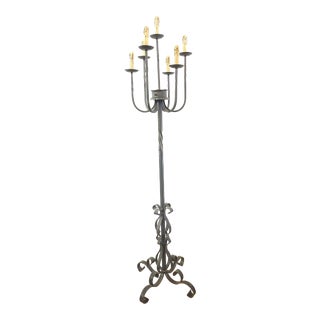 Vintage Mid 20th Century Wrought Iron Torchiere Floor Lamp For Sale