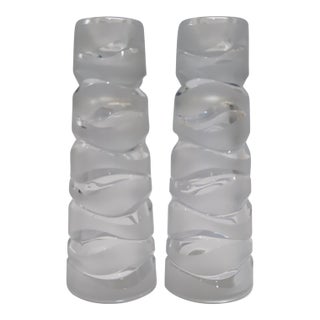 VTG Modernist Pair Crystal Taper Candle Holders Clear/Frosted Wavy Skandi 7" (Has Been Attributed to Jg Durand) For Sale