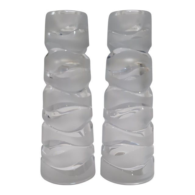 VTG Modernist Pair Crystal Taper Candle Holders Clear/Frosted Wavy Skandi 7" (Has Been Attributed to Jg Durand) For Sale