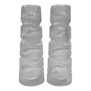 VTG Modernist Pair Crystal Taper Candle Holders Clear/Frosted Wavy Skandi 7" (Has Been Attributed to Jg Durand)