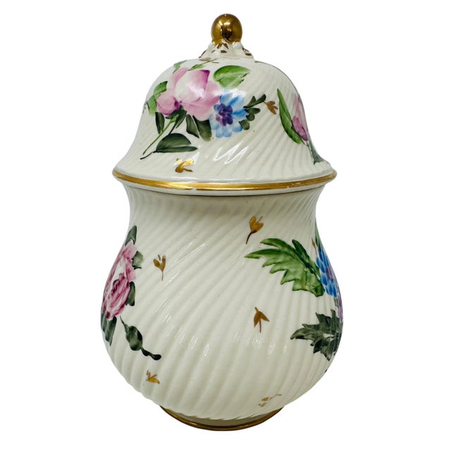 Farmhouse Vintage Ribbed Ceramic Ginger Jar | Hand-Painted Rose & Floral Lidded Pot | Cottagecore Home Decor | Grandmillennial Style | Pink and Blue Flowers For Sale - Image 3 of 9