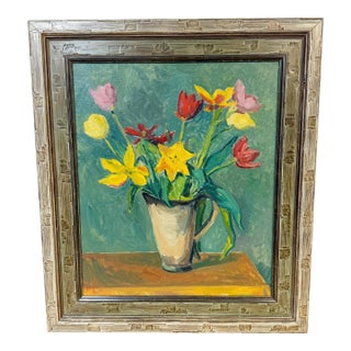 European Modernist Spring Still Life with Daffodils and Tulips, Signed "PS '41" For Sale