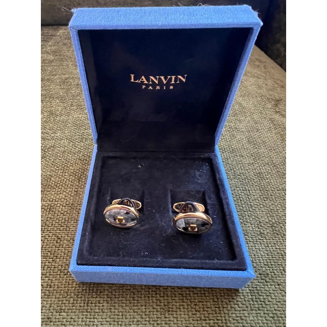 Black "LANVIN" Vintage Cufflinks Labradorite Stone Gold Plate, Original Case, Circa 80 For Sale - Image 8 of 18