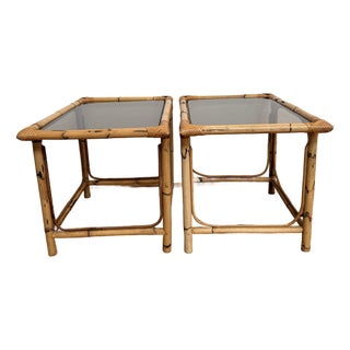 Vintage Burnt Bamboo, Rattan & Smoked Glass Coastal Modern Side Tables — A Pair For Sale