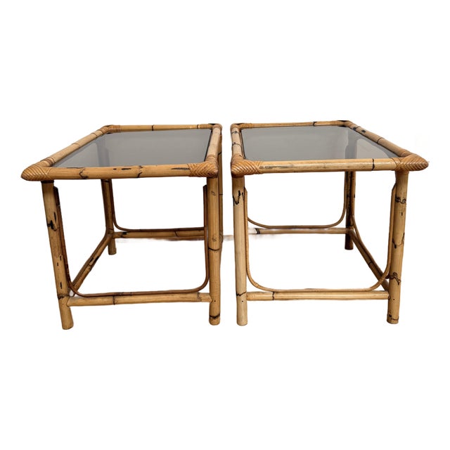 Vintage Burnt Bamboo, Rattan & Smoked Glass Coastal Modern Side Tables — A Pair For Sale