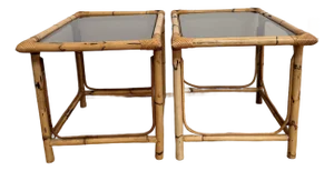 Vintage Burnt Bamboo, Rattan & Smoked Glass Coastal Modern Side Tables — A Pair