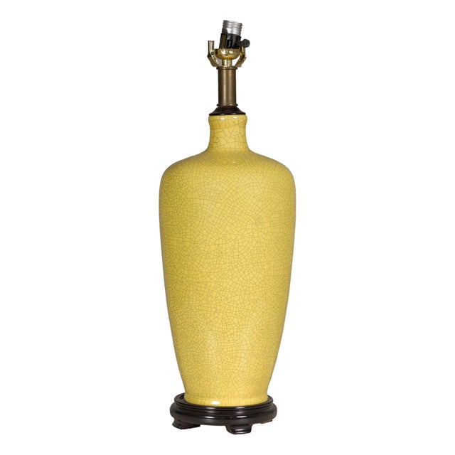 Yellow Crackle Glazed Ceramic Vase Made into Table Lamp on Wooden Base For Sale - Image 9 of 9