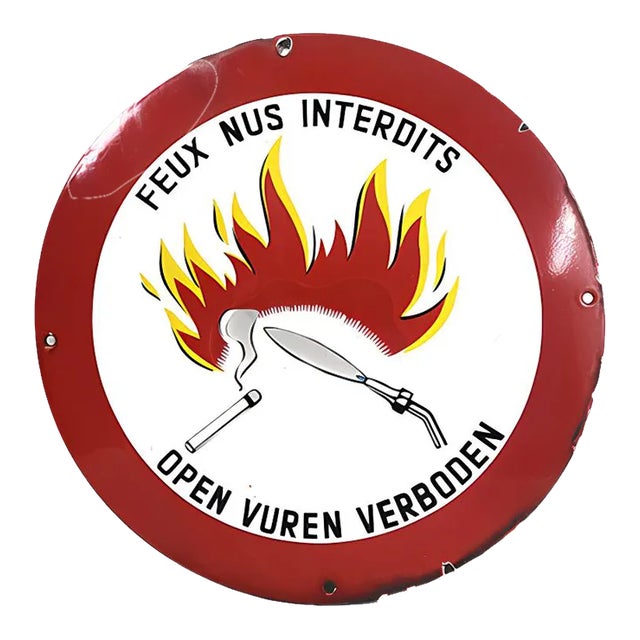 Vintage Enamel Open Fire Prohibited Sign, Belgium, 1960s For Sale