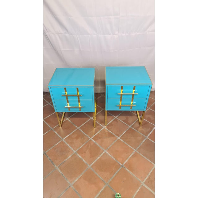 Wood Light Blue Murano Glass Bedside Tables in Brass and Gray Velvet from Justfurnituress SRL, Set of 2 For Sale - Image 7 of 10