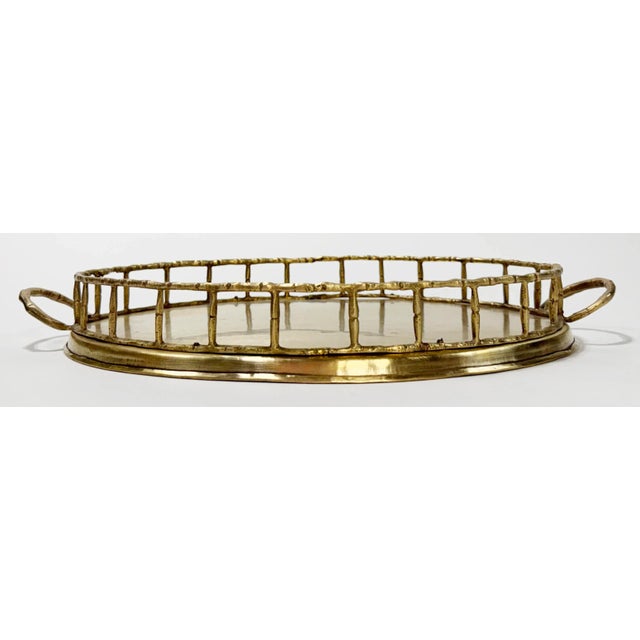 Vintage Oval Brass Faux Bamboo Gallery Rail Tray For Sale - Image 4 of 7