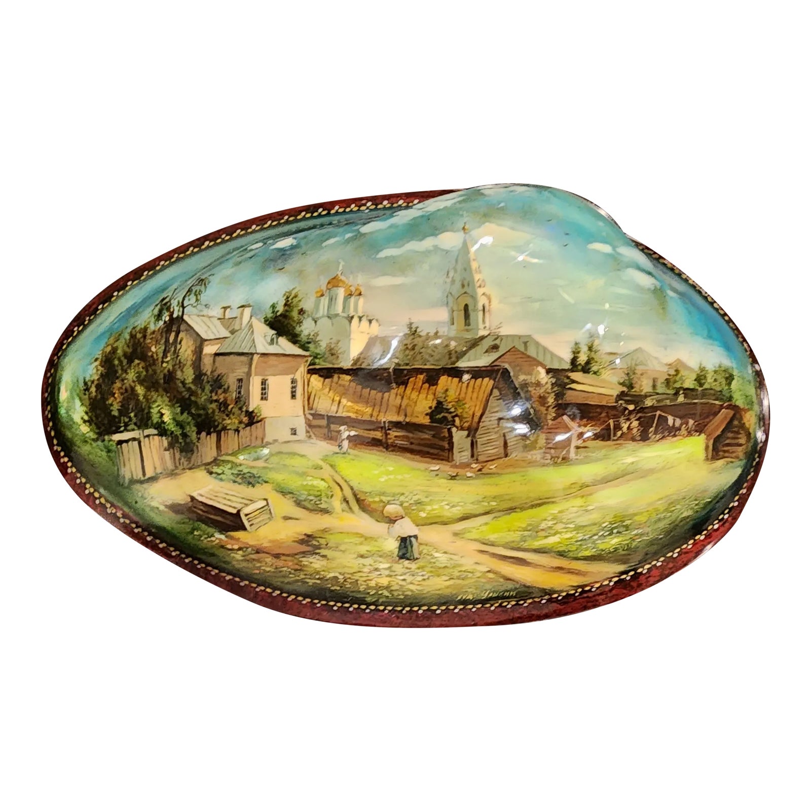 Russian Lacquer Shell Form Box | Chairish
