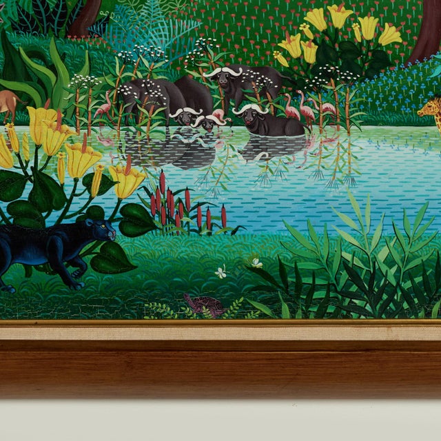 Green Vintage Haitian Painting of a Jungle Scene With Animals For Sale - Image 8 of 11