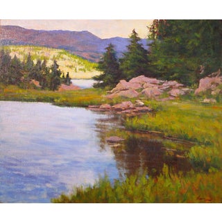 Lake in the Beartooth Mountains by Lorenzo Chavez | Oil Painting of a serene lake surrounded by mountains and trees. For Sale
