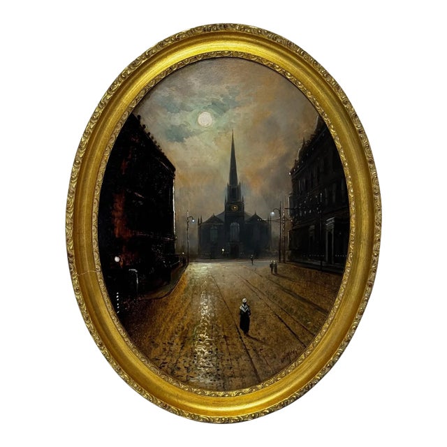 Walter Linsley Meegan (1859–1944) Trinity Church, Liverpool by Night Victorian Oil Painting Circa 1890 For Sale