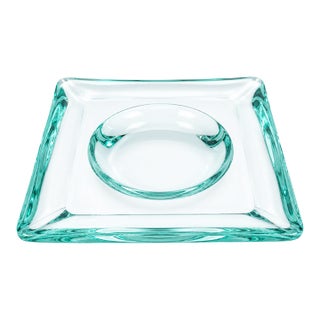 Vintage Fontana Arte Aquamarine Crystal Glass Vide Poche Square Catchall Tray Italy Mid-Century For Sale
