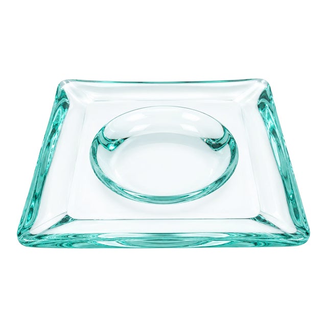 Vintage Fontana Arte Aquamarine Crystal Glass Vide Poche Square Catchall Tray Italy Mid-Century For Sale
