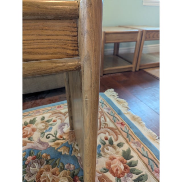 1980s Thomasville 4 Piece Light Oak Living Room Tables: 2 End Tables, Sofa Console Table and Square Glass Coffee Table For Sale - Image 17 of 18