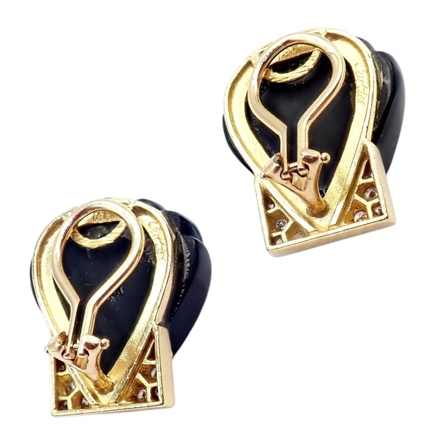 Black Vintage Estate Cartier Yellow Gold Diamond Onyx Shell Earrings, Pair For Sale - Image 8 of 11