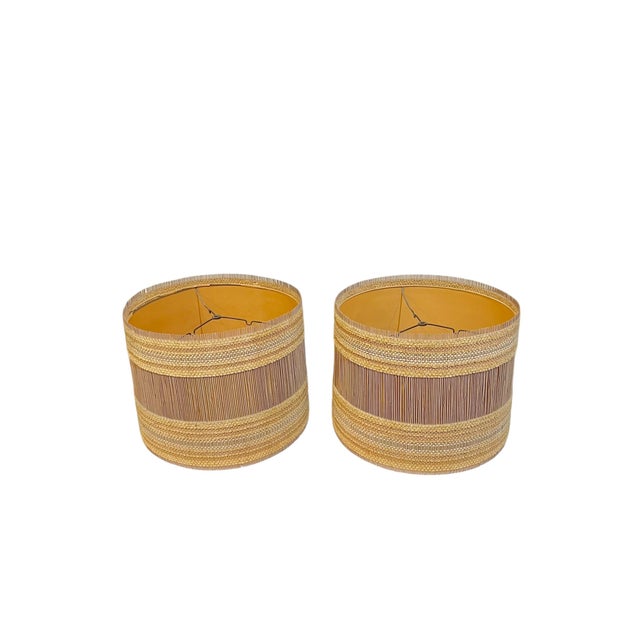 Extremely rare matched par of Maria Kipp lampshades. Each featuring an elaborate pattern of woven fibers in different...