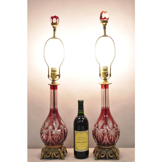 Antique Bohemian Cranberry Ruby Red Cut to Clear Czech Glass Table Lamps with Glass Finials - a Pair. Circa Early 20th...