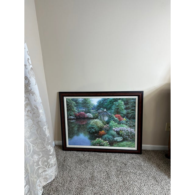 Impressionist garden scene with pond + florals • Professionally framed + backed Henry Peeters > Contemporary painter born...