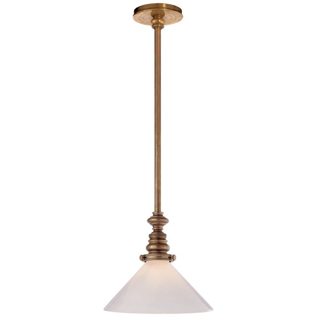 Chapman & Myers for Visual Comfort Signature Boston Pendant in Hand-Rubbed Antique Brass with White Glass Slant Shade For Sale