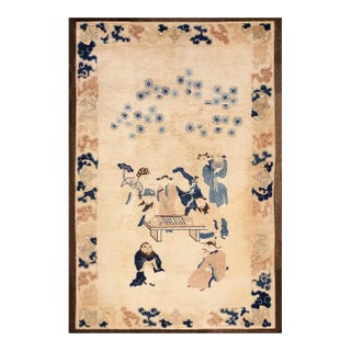 1880s Beige Antique Chinese Peking Rug With Eight Immortals Playing Weiqi "Go" For Sale