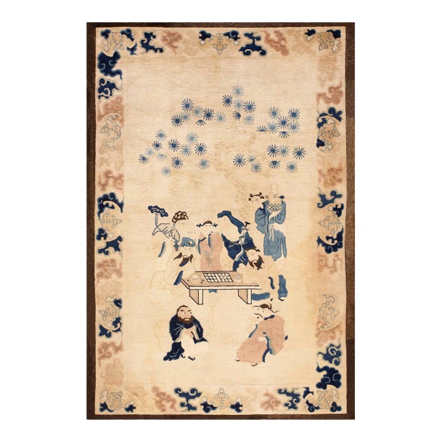 1880s Beige Antique Chinese Peking Rug With Eight Immortals Playing Weiqi "Go" For Sale