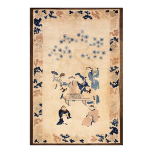 Beige Bakcground Color Antique Chinese Peking Rug With Eight Immortals Playing Weiqi "Go"