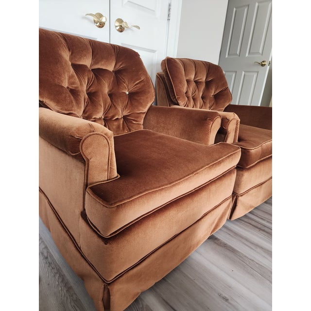 Mid-Century Modern Vintage Rust Colored Tufted Velvet Rocking and Swivel Club Chairs- A Pair For Sale - Image 3 of 11