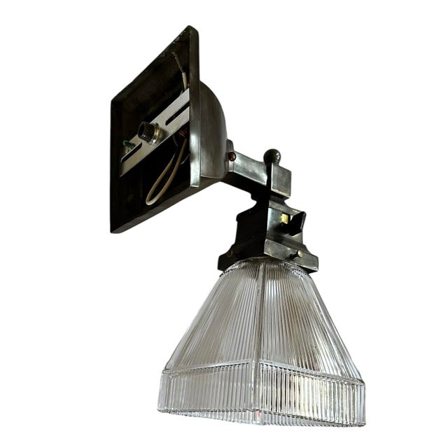 Pair of Mission/Craftsman Brass and Holophane Glass Sconces, Circa 1910 For Sale - Image 4 of 6