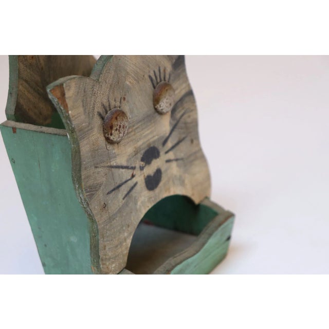 Vintage Folk Art Carved "Cat" Mint Green Matchbook Holder For Sale - Image 10 of 12