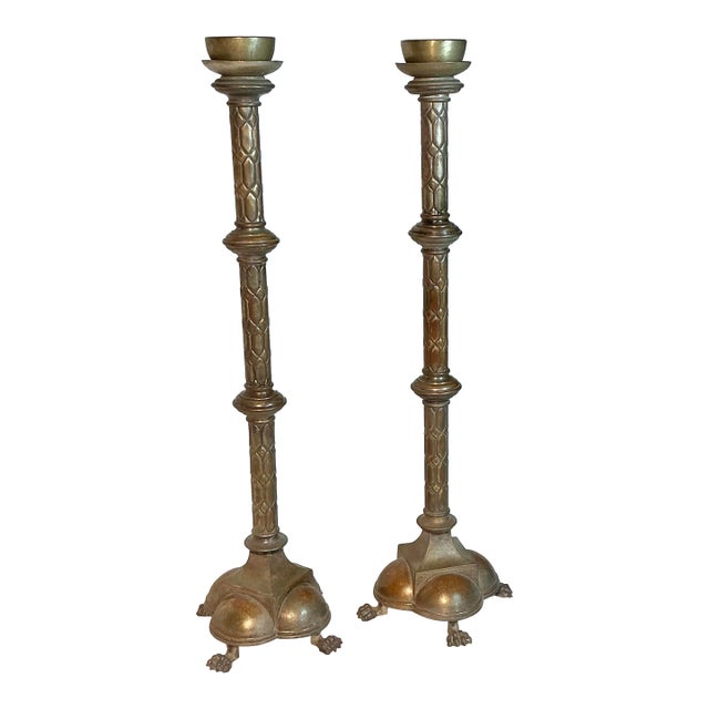 Pair Antique Decorated 29" Tall Solid Brass Floor Candle Stands Candlesticks Candle Holders, Circa 18th-19th Century For Sale