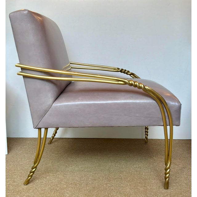 Modern Baker Modern Gray Leather and Brass Mila Lounge Chairs Pair For Sale - Image 3 of 6