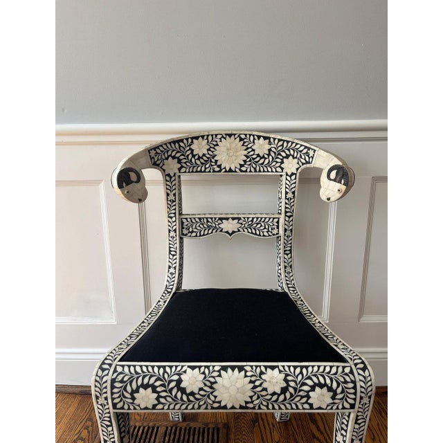 Black Early 20th Century Set of 4 Anglo-Indian style, bone inlay, ram's head dining chairs For Sale - Image 8 of 11
