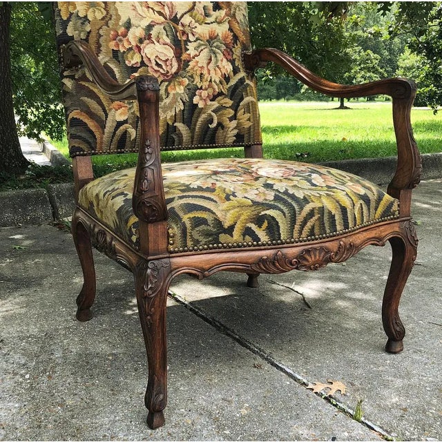 19th Century French Louis XV Fruitwood Fauteuil ~ Armchair With Floral Needlepoint For Sale - Image 12 of 15