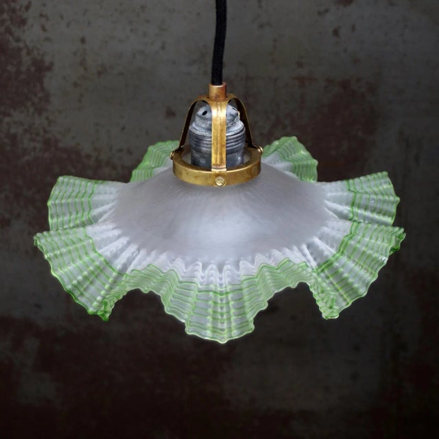 Green Art Nouveau French Green Frosted Glass Pendant Light, 1920s For Sale - Image 8 of 9