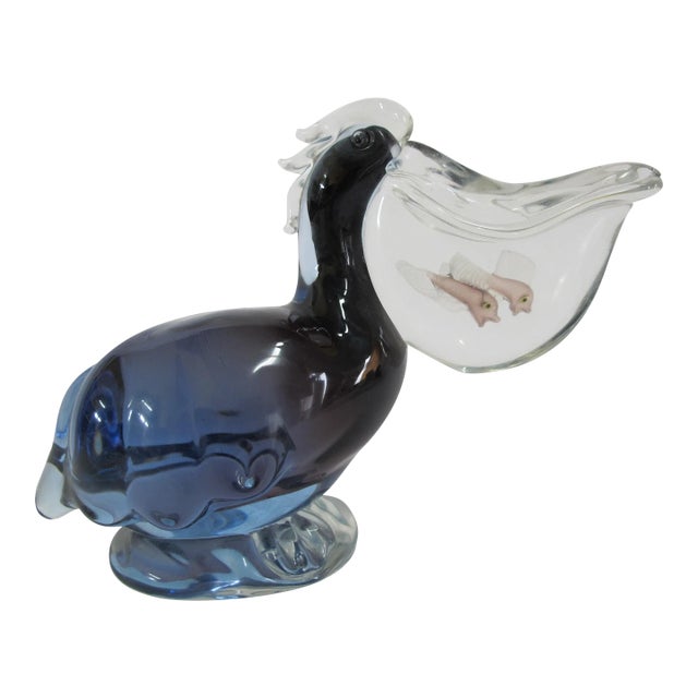 Barbini Large Murano Italy Blue Pelican With Fish in Mouth 8" Sculpture For Sale