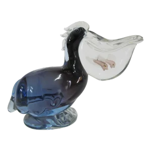 Barbini Large Murano Italy Blue Pelican With Fish in Mouth 8" Sculpture