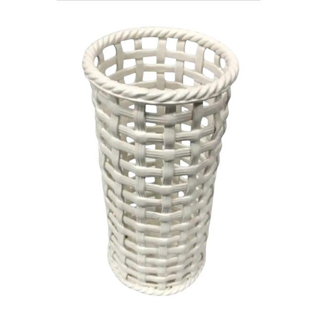 Hollywood Regency 1960s Hollywood Regency Ceramic Basketweave Umbrella / Cane Stand For Sale - Image 3 of 5