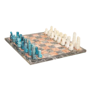 Vintage Marble Chess Set With Hand-Carved Turquoise and White Onyx Pieces