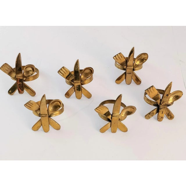 Brass Vintage Brass Napkin Rings With Utensils Set of Six Knife Spoon Fork For Sale - Image 8 of 8