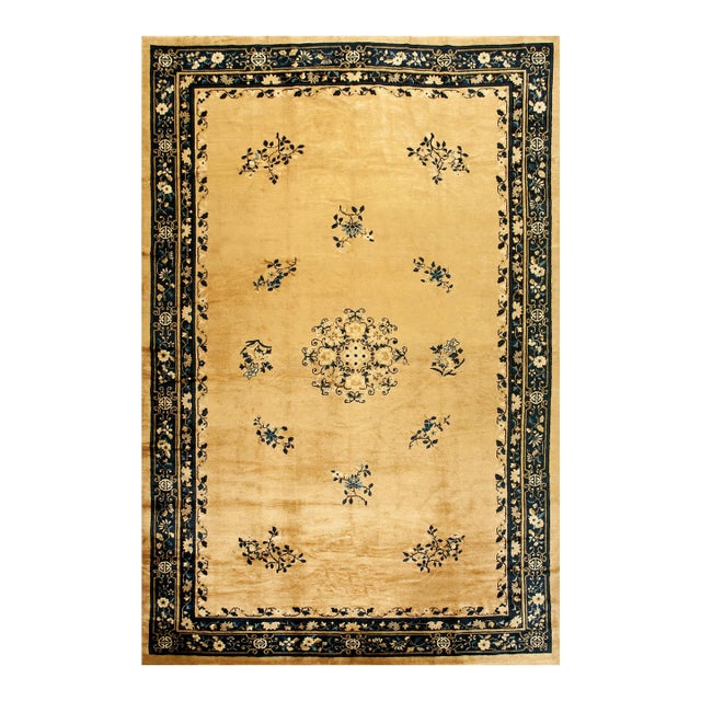 Phenomenal Yellow Goldenrod Color With Delicate Florid Design Antique Chinese Peking Rug For Sale