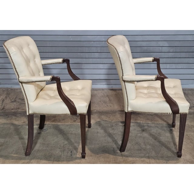 Yellow Pair of Late 20th Century Hickory Chair Mahogany Tufted Yellow Leather Open Arm Chairs For Sale - Image 8 of 10