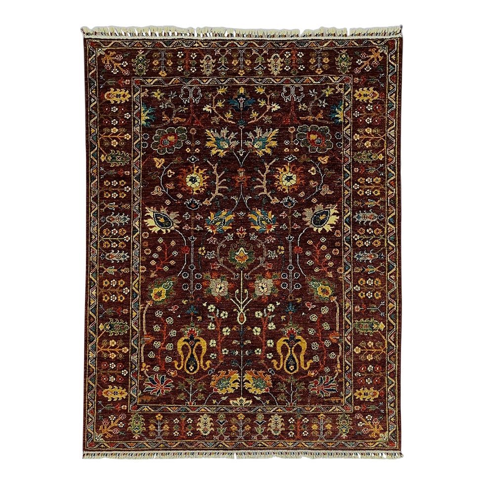 Burgundy Persian-Style Floral Wool Rug, Natural Dyes, 5'9