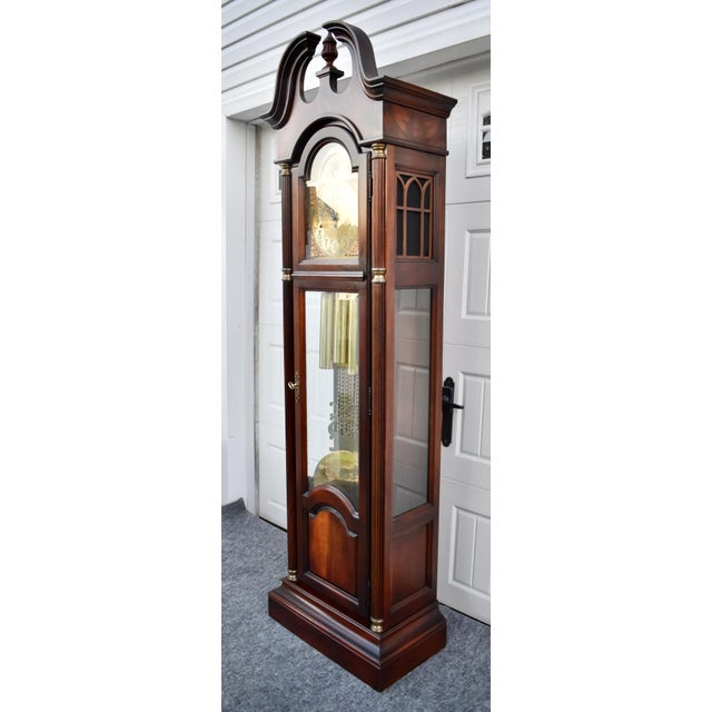 1980s Howard Miller Mahogany Grandfather Clock Triple Chime Mechanical Floor Clock 80s For Sale - Image 5 of 16
