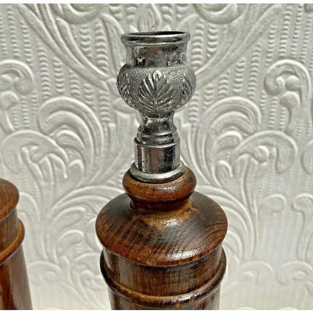 RARE Antique Oak English Candlesticks Silver Leaf Tops, measuring 11 1/2" tall, the bottoms have a thin cork liner that...